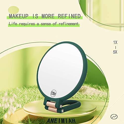 Aneimiah 1X 15X Magnifying Travel Hand Held Vanity Mirror,Compact Double Side Folding Magnification Hand Mirror For Women With 360° Rotating Handle Table Desk Small Round Make Up Mirrors Green #TOP5
