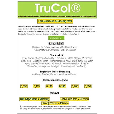 trucol Farblaserfolie Longlife PRO Matt weiß A4 0,190mm 50 Blatt Laser Copy - Farb-Laser & Farb-Kopierer Beidseitig bedruckbare Polyesterfolie Cover