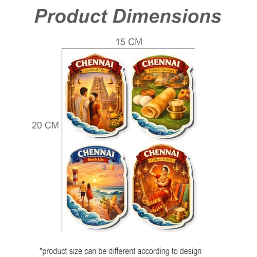Image of Regalo Casila Chennai Tourism Souvenir Fridge Magnets Set of 4 Spiritual City Food Flavours Beach Life Culture Arts Tamil Nadu Decorative Refrigerator Magnets