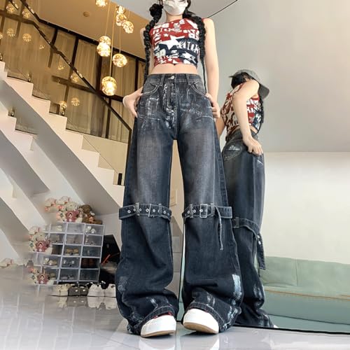 Y2K Grunge Vintage Gothic Casual Style High Waist Straight Wide Leg Jeans Straps Tie-Dye Trim Denim Pants4