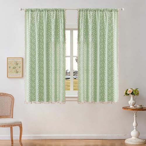 Image of Boho Curtains 63 Inch Long for Living Room, Bedroom, 2 Panels Floral Farmhouse Vintage Tassel Semi Sheer Light Filtering Privacy Window Curtain Drapes with Rod Pocket,Light Green