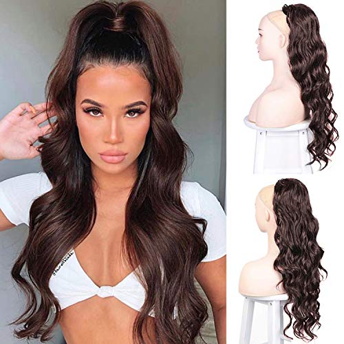 Brown Ponytail Hair Extensions Clip in Human Hair Long Wavy Curly Drawstring Synthetic Hair Extensions Hairpieces Accessories for Women 24 Inch (4#)