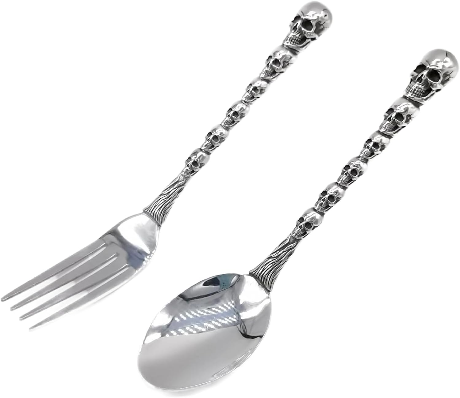 Skull Motif Serving Spoon Fork Set, Premium Stainless Steel Fork Spoon Silverware Set, Unique styles 3D Skulls, Dishwasher Safe, for Home, Kitchen, or Halloween Decorations