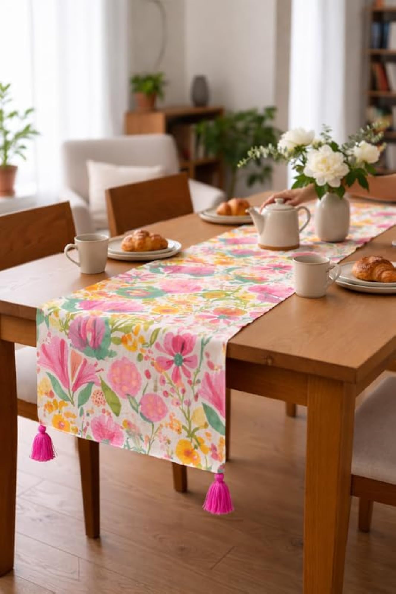 Pink Floral Corner Tassel Table Runner, 14x48 Inches