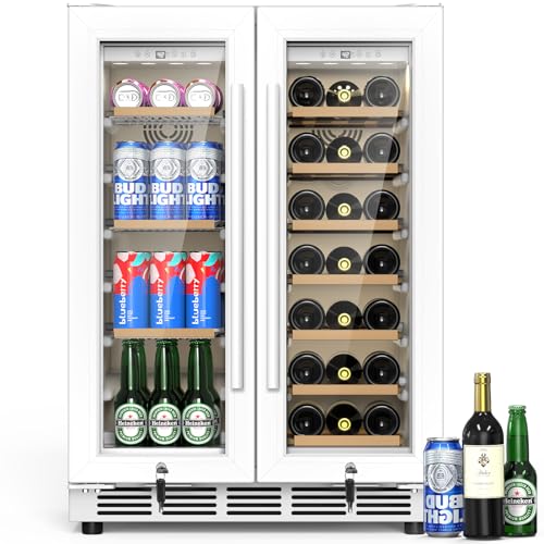 Velieta 24 Inch Dual Zone Wine and Beverage Refrigerator - Under Counter Built-in/Free Standing Beverage Cooler with Glass Door,Beverage Fridge with Large Capacity, Advanced Cooling System, White