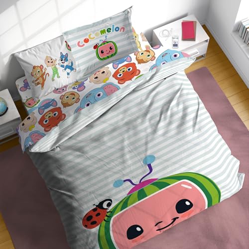 cocomelon full size comforter set - 7 piece kids bedding includes comforter, sheets & pillow cover - super soft microfiber animal bed set
