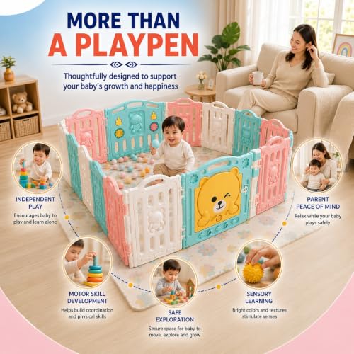 Image of 18 panel Playpen for Babies 0-3 Years Foldable with Mat and Balls Baby Play Area Indoor Setup Play Yard Fence for Toddlers Kids Playarea Setup Outdoor Children Play Pen with Gate Baby Playpen (6 x 6 ft=36 SQFT)