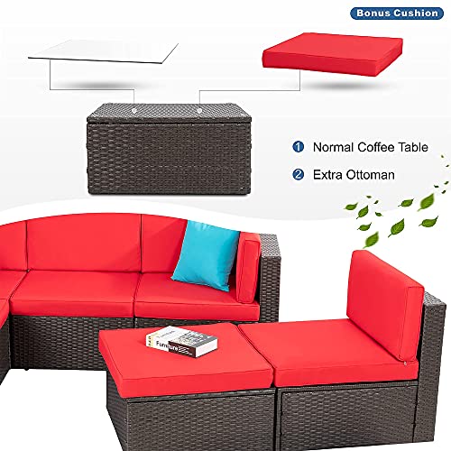 Vongrasig 6 Piece Small Patio Furniture Sets, Outdoor Sectional Sofa All Weather Pe Wicker Patio Sofa Couch Garden Backyard Conversation Set With Glass Table,Red Cushions And Blue Pillows (Red) #TOP6