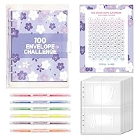 ROSYLEVE 100 Envelope Saving Challenge mit 6pcsTextmarkermit mit zwei Spitzen,Budget Planner A5 Ringbuch mit Challenge Tracker, die Challenge zu meistern und in 100 Tagen 5.050 $ zu sparen Lila