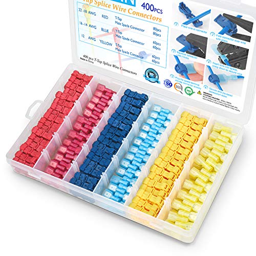 TICONN 400pcs T-Tap Wire Connectors, Self-Stripping Quick Splice Electrical Wire Terminals, Insulated Male Quick Disconnect Spade Terminals Assortment Kit with Storage Case (400PCS)