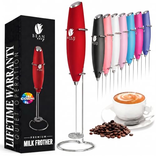 Bean Envy Milk Frother Handheld - Coffee Mixer Wand with Stand - Red
