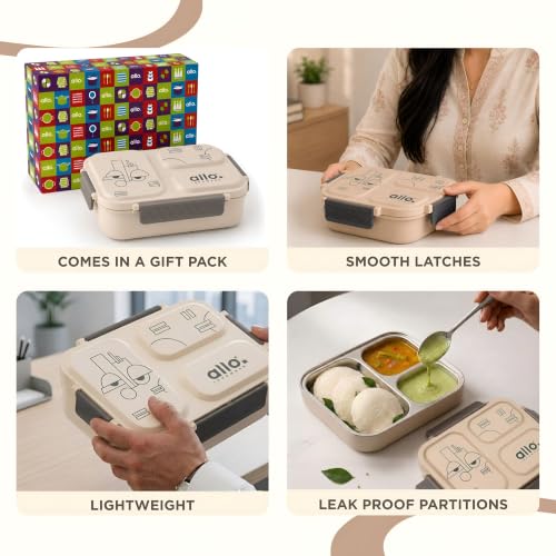 Image of Allo Bento Stainless Steel Lunch Box for Adult- BIS Approved, 304 Stainless Steel 3 Compartment Leakproof Tiffin Box for Boys and Girls for School, Travelling, Office, 740ml Beige