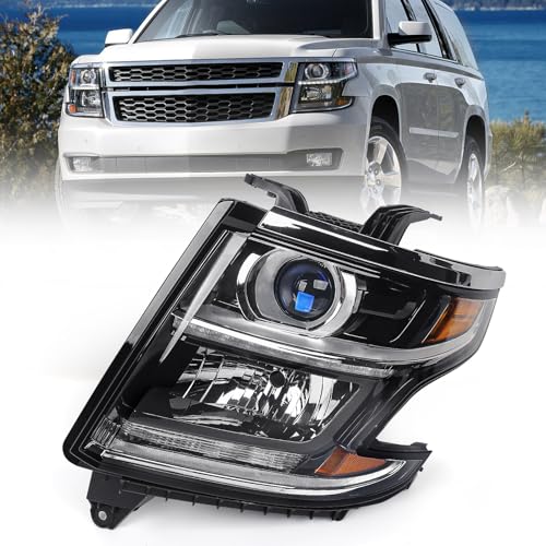FIONE Halogen Headlight W/O Bulbs Compatible with Chevy Tahoe/Suburban 2015-2020 with LED DRL Headlamp NOT Fit HID Modles Black Housing Left Driver Side LH