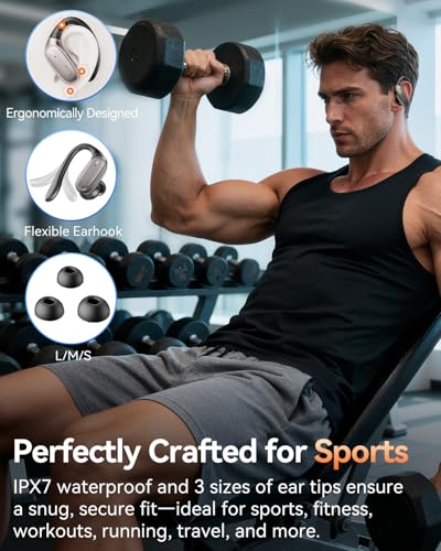 Image of LEEMC Wireless Earbuds, Bluetooth Headphones 5.4, Ear Buds with Hooks for Sports, 80Hr Playtime Earphones, LED Display, IPX7 Waterproof Headset for Workout Running, Taupe