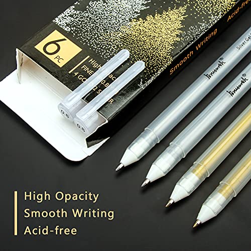 Brusarth Fine Point Metallic Gel Pen, Premium 2 Colors Gel Pen Set -Gold, Silver Gel Ink Pens For Artists With 0.8Mm Nibs, For Black Paper Drawing,Writing, Sketching, Illustration, Pack Of 6 #TOP1
