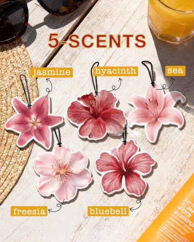Image of Car Air Freshener 5-Pack, Hanging Red and Pink Floral Designs, 5 Scents | 5 flower-shaped designs with black cords; approx. 3 x 3.2 in, 3 mm thick; jasmine, hyacinth, sea, freesia and bluebell scents