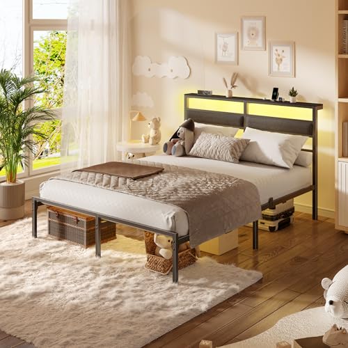 Image of OURPIC Full Size Bed Frame with Headboard, Bed Frame Full Size with LED Light and Charging Station, Black Metal Platform Bedframe and Storage Shelf, No Box Spring Needed, Noise Free