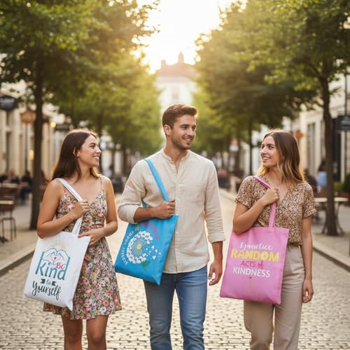 Bolsas tote grandes no tejidas de 15" x 17" en rosa, blanco y azul con mensaje de amabilidad - Paquete de 12 piezas miniatura 2
