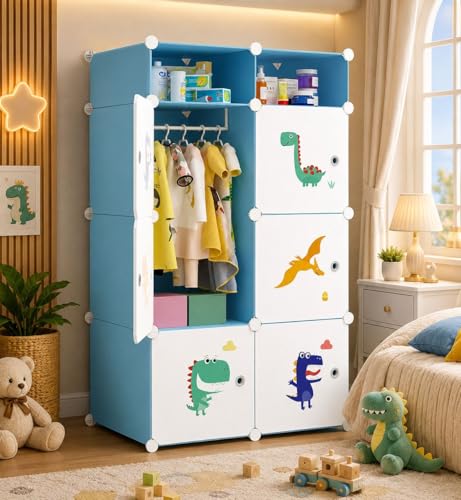 Image of Plastic Wardrobe for Kids Clothes - 6 Door Foldable Cupboard for Bedroom, Baby Clothes Storage Almirah with Doors, Collapsible Wardrobe Kids for Home (C5 Green)