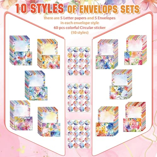 Image of TaoBary 160 Pcs Stationery Paper Set 50 Double Sided Stationery Papers with 50 Matching Envelopes and 60 Round Dot Sticker, 10 Design(Bright Floral,5.5 x 8.25 Inch)