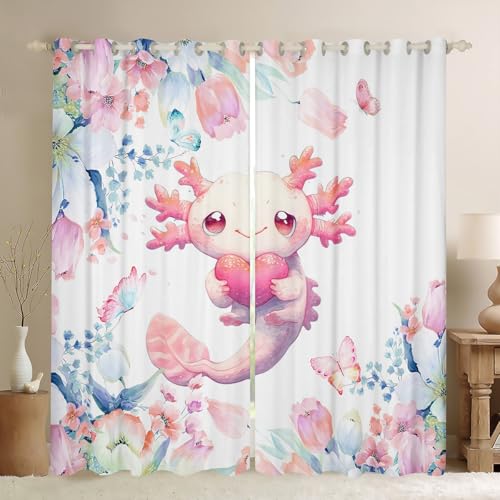 Feelyou Cute Axolotl Curtain (2 Panels, 42 x 84 Inch) Kids Cartoon Salamander Window Drapes for Boys Girls Flower Floral Print Blackout Shades Kawaii Reptile Animal Ocean Sealife Room Decor