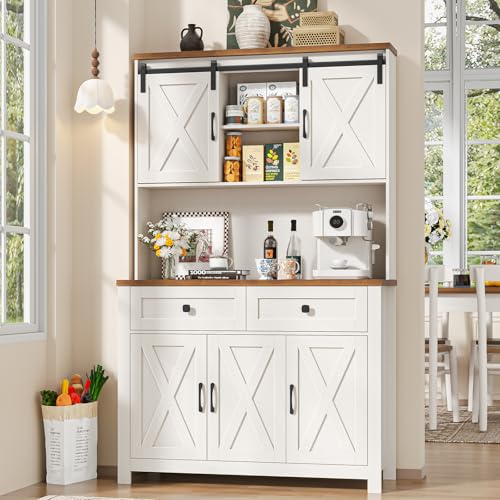 Befrases 67.7 Inch Farmhouse Pantry Storage Cabinet with Sliding Barn Doors, 2 Drawer Farmhouse Coffee Cabinet with Adjustable Shelf, Side Board with Buffet Cupboard for Livingroom Kitchen, White