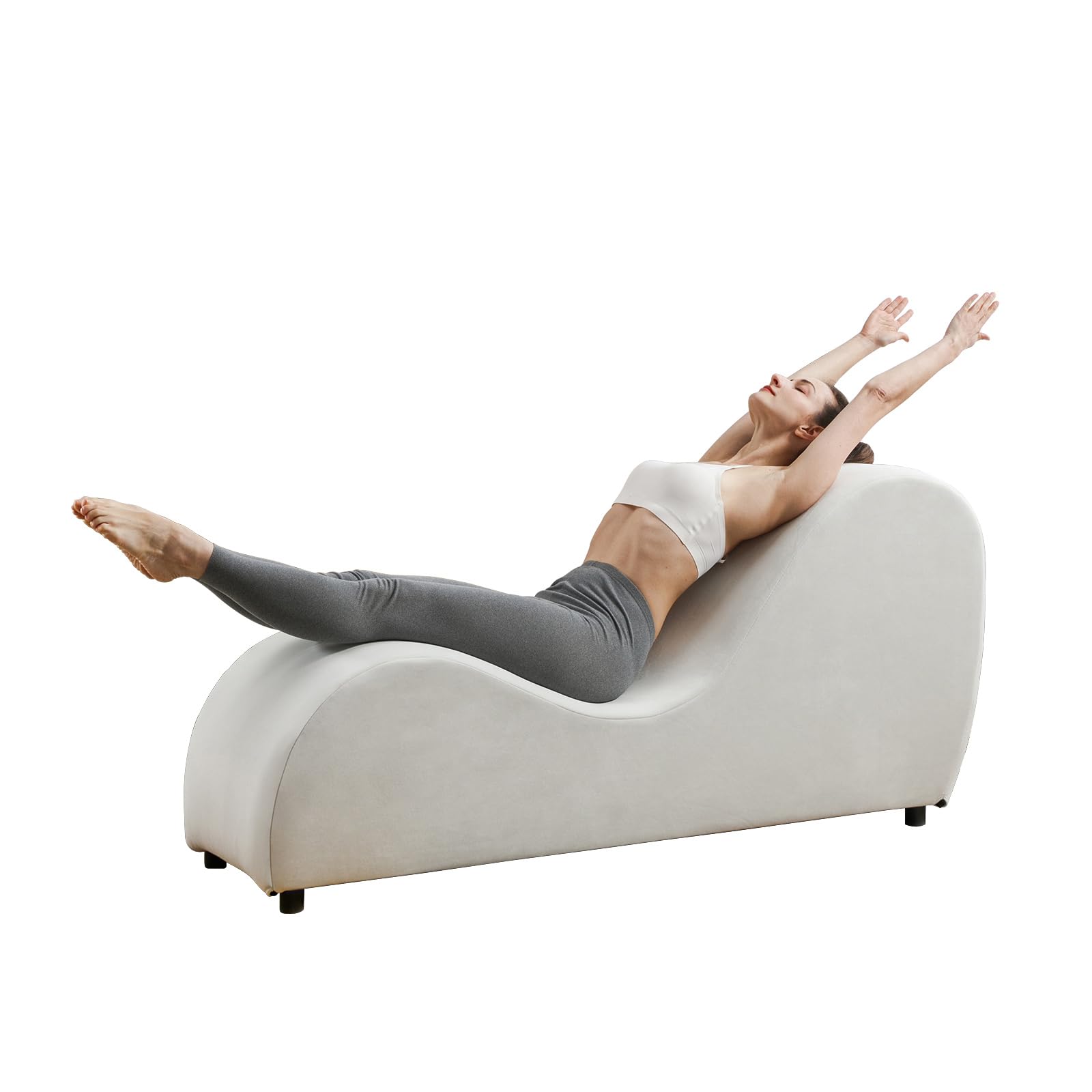 iJuicy Modern Chaise Lounge for Stretching, Relaxation, Meditation - Velvet Material, Curved Design, Suitable for Bedroom, Living Room-: Beige