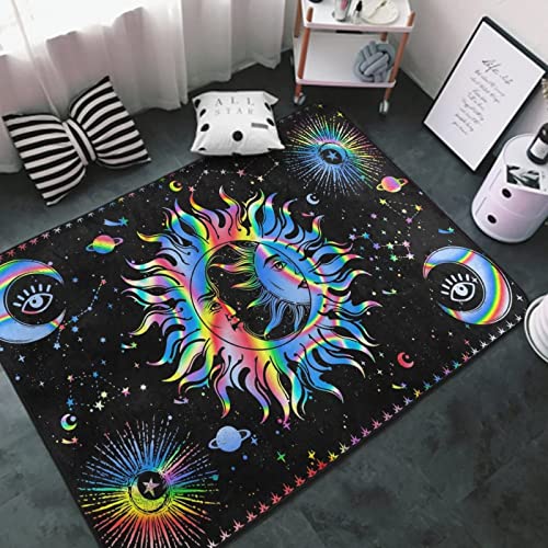 Oueoty Felpudo interior de 1,2 x 1,5 m, parte trasera de goma, antideslizante, colorido, estético, luna, sol, arte, planeta Eey, lavable a máquina