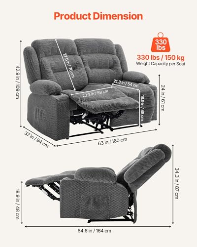 Image of VEVOR Loveseat Recliner Sofa, Manual Reclining Couch with Heating and Massage, Soft Corduroy Recliner Sofa with USB Ports, Cup Holders and Side Storage Bags, Dual Loveseat Chair for Living Room, Grey