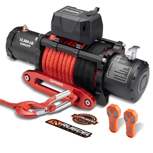 RUGCEL WINCH 13500lb Waterproof Electric Truck Winch 12V Synthetic Rope Winch with Hawse Fairlead,Wired Handle and 2 Wireless Remote,for Trailer and Wrangler in Car Lift