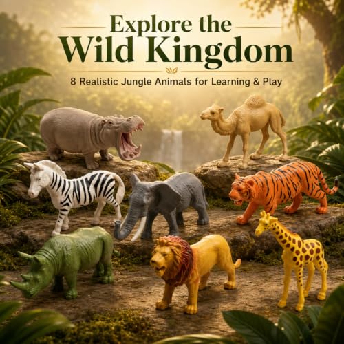 Image of ZESTHOME Big Size Jungle Animal Toy Set for Kids | Realistic Wild Animal Figures for Learning & Play | Non-Toxic PVC | Lion Tiger Elephant Giraffe Zebra Rhino Hippo Camel | 8 Pieces |10-13 cm