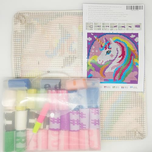 Image of Howie's Latch Hook Kits, DIY Rainbow Unicorn Latch Hook Pillow Kit for Adults Crochet Yarn Kits, Color Preprinted Pattern Embroidery Sofa Cushion Cover (Rainbow Unicorn 2, 16.93 x 16.93 inch)