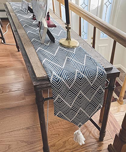 Ck Home Fabric Table Runner (78" X 12") With Tassels- Reversible & Washable, Woven Jacquard, Indigo/Beige. #TOP2