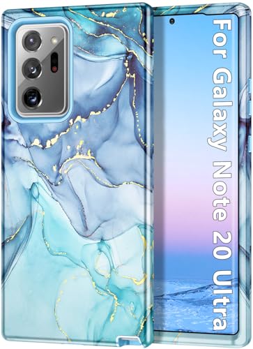 Btscase for Samsung Galaxy Note 20 Ultra Case,Marble Pattern 3 in 1 Heavy Duty Full Body Shockproof Hard PC+Soft Silicone Drop Protective Women Girls Case for Note 20 Ultra 5G 6.9 inch,Blue Cyan