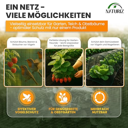 NATURIZ® Teichnetz & Vogelschutznetz robust - 15x15mm feinmaschig - UV & witterungsbeständig - Netz gegen Vögel, Laub & Teichschutz (3 x 4 m)