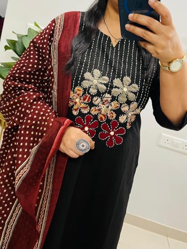 Image of BHARVITA Women's Cotton Embroidered Anarkali Kurta and Palazzo with Dupatta Set | A-line fit