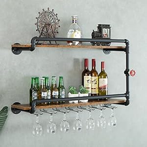Wine Rack Wall Mounted 2 Tier, Hanging Floating Bar Liquor Shelves with Glass Holder Storage Under, Industrial Rustic Pipe Farmhouse Kitchen Decor Black(35.4x10.6x19.7) Wine Rack Wall Mounted 2 Tier Hanging Floating Bar Liquor Shelves with Glass Holder Storage Under Industrial Rustic Pipe Farmhouse Kitchen Decor Black354x106x197