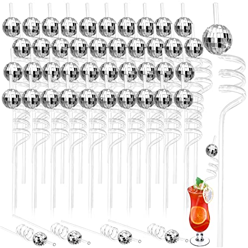 CHENGU 40 Pcs Dancing Queen Disco Ball Straws Glitter Mirror Silver Ball Reusable Straws Disco Party Decorations for 1970s Retro Dance Queen Wedding Bachelorette Party Decor