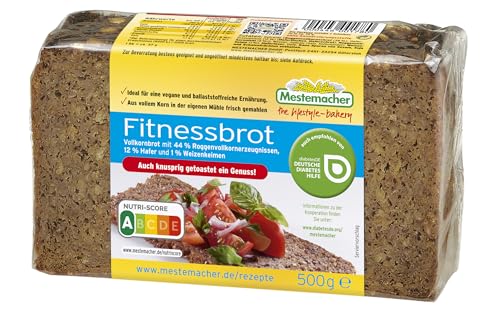 Mestemacher Fitnessbrot vegan, Nutri Score A, ballaststoffreich, Roggen-Vollkornbrot aus vollem Korn in der eigenen Mühle frisch gemahlen, Diabetiker geeignet, 7 Scheiben, 500g