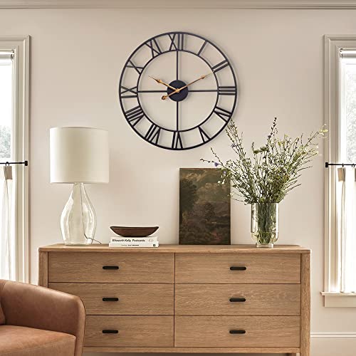 Large Wall Clock For Living Room Decor, 24 Inch Silent Non-Ticking Battery Operated Wall Clock, Modern Farmhouse Black Metal Wall Clock With Roman Numerals For Bedroom, Kitchen, Office, Patio #TOP3