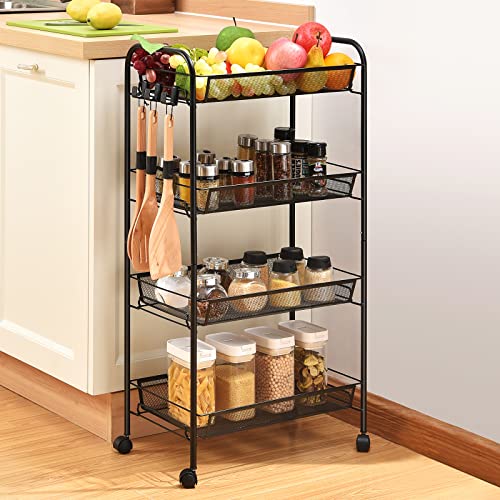 Toolf 4-Tier Rolling Cart, Metal Utility Cart With 3 Hooks, Easy Assemble Mobile Storage Trolley On Wheels, Slide Out Shelving Units Kitchen Bathroom Laundry Room #TOP1