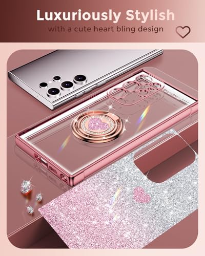 Image of XYZ for Galaxy S25 Ultra Case with Stand, for Samsung Galaxy S25 Ultra Case with Double Ring, Women Girls Bling Luxury Glitter Clear Phone Case Cover Heart for Samsung S25 Ultra, Rose Gold