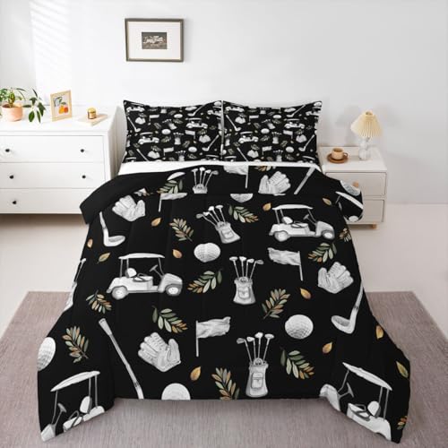 Image of Feelyou Black Golf Comforter Set Full Size Leaves Bedding Set for Kids Boys Girls Sports Golfing Theme Duvet Quilt Bedroom Decor Microfiber 3 Pcs with 2 Pillow Cases