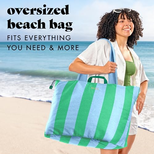 Image of Fit & Fresh XL Beach Tote Bag for Women - XL Travel Tote with Zipper & Pockets, Oversized Canvas Pool Bag, Weekender Carry-On