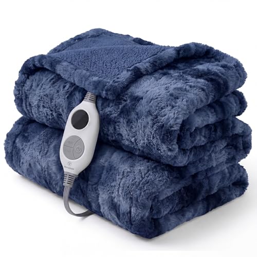 Image of Westinghouse Electric Heated Throw Blanket, Faux Fur with 6 Heating Levels & Auto Off, Soft Cozy Sherpa Washable Blanket (50 inch x 60 inch, Indigo)