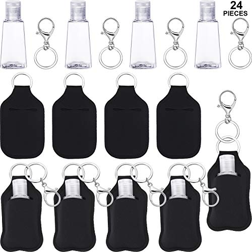 24 Pieces Empty Travel Size Bottle Keychain Holders Set, 8 Pieces Plastic Flip Cap Bottles Clear Travel Bottles, 8 Pieces Keychain Holders, 8 Pieces Keychain Hooks with Rings for Traveling Use (Black)