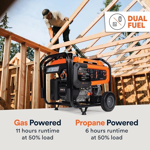Image of Generac Dual Fuel Portable Gas Generator, 8,250 Starting Watts, Electric Start, COsense Carbon Monoxide Detection, 11 Hour Runtime, Gas or Propane, Heavy Duty Frame, Home Backup Emergency, 49-State