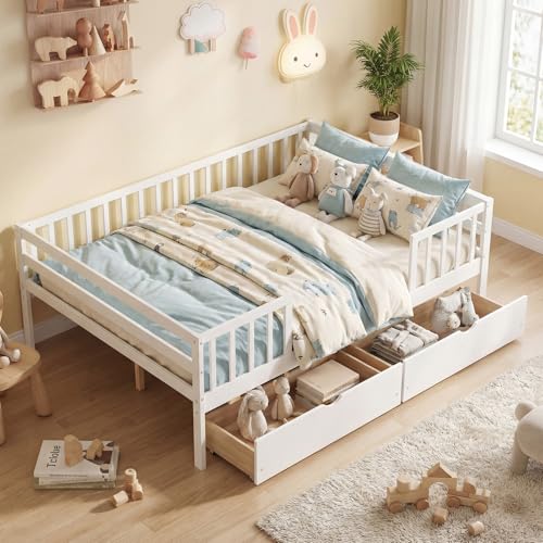 Image of KOMFOTT Full Bed Frame with Rails, Wood Daybed with Side Shelf & 2 Storage Drawers, Platform Bed with Guardrail & Wooden Slat Support for Kids Teens, No Box Spring Needed (Full,White)