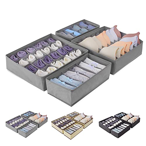 Virklyee 4 Pièces Organisateur de Tiroir Boîte de rangement de sous-vêtements Tiroir Non-tissé Pliable pour sous-vètements, Separateur Tiroir pour sous-vètements Gain de Place (Gris) Cover