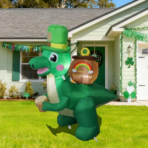 HZGDEJTG 4FT St. Patricks Day Dinosaur Outdoor Inflatable Decoration with LED Lights Suitable for Gardens patios and lawns.